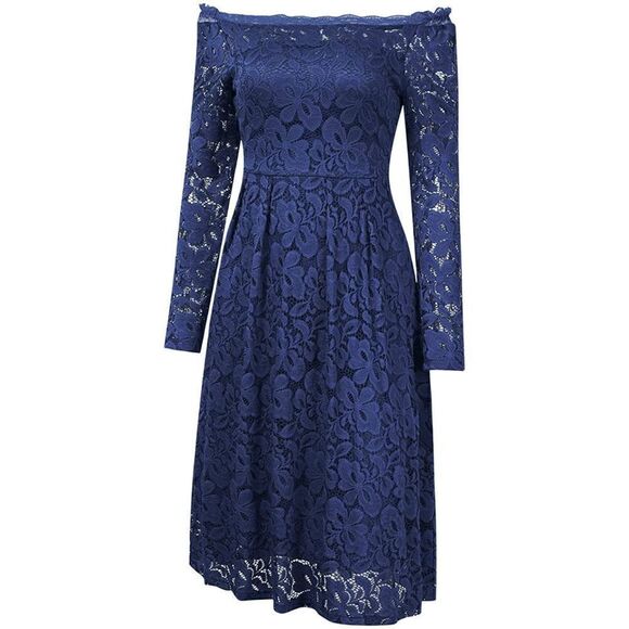 💙 Off Shoulder Lace Retro Pinup Vintage 1950s Long Sleeves Navy Dress L NWT - Picture 2 of 16